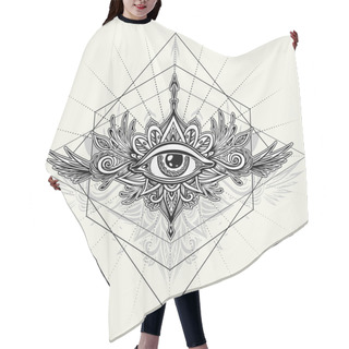 Personality  Abstract Symbol Of All-seeing Eye In Boho  Indian Asian Ethnic Style For Tattoo Black On White For Decoration T-shirt Or For Coloring Page Or Adult Coloring Book. Concept Magic Occultism Esoteric Hair Cutting Cape