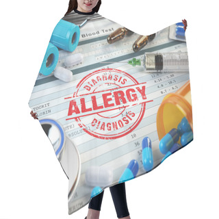 Personality  Allergy Diagnosis. Stamp, Stethoscope, Syringe, Blood Test And P Hair Cutting Cape