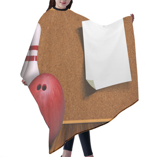Personality  Game Concept With Bowling Equipment And Cork Board Hair Cutting Cape