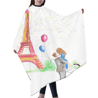 Personality  Hand Drawing Of A Watercolor Lovers In Paris Isolated On White Hair Cutting Cape