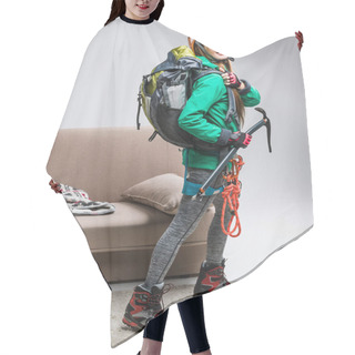 Personality  Young Happy Climber With Backpack, Ice Axe And Climbing Rope At Home Hair Cutting Cape