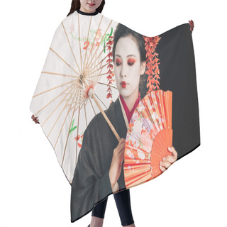 Personality  Beautiful Geisha In Black Kimono With Red Flowers In Hair Holding Traditional Asian Umbrella And Hand Fan Isolated On Black Hair Cutting Cape
