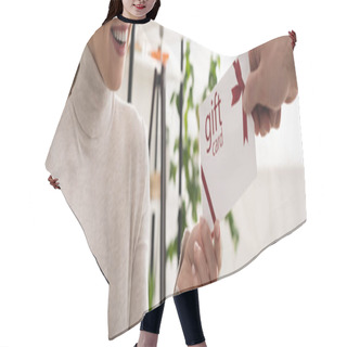 Personality  Cropped View Of Man Giving Gift Card To Smiling Woman  Hair Cutting Cape
