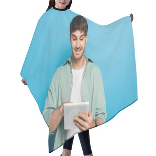 Personality  Happy Young Man Using Digital Tablet On Blue Hair Cutting Cape