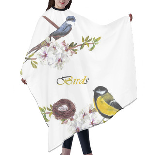 Personality  Swallow And Tit Sitting On A Branch Of A Blossoming Cherry, Composition On A White Background, For The Design Of Cards, Wedding Invitations, Clothes, Dishes, Children's Textiles Hair Cutting Cape