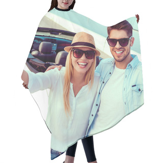 Personality  Couple Making Selfie Near Convertible Hair Cutting Cape