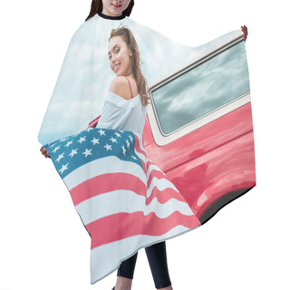 Personality  Attractive Girl With American Flag Standing Near Red Car Hair Cutting Cape