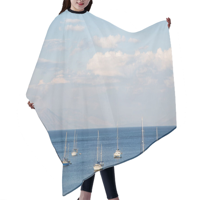 Personality  Blue Water And Sky Background On The Ocean With Sailing Boats. Hair Cutting Cape