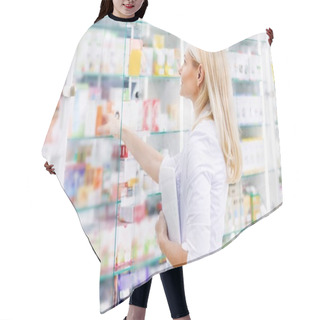 Personality  Pharmacist With Digital Tablet In Drugstore Hair Cutting Cape