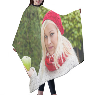Personality  Woman With Apple. Vitamins In Autumn Hair Cutting Cape