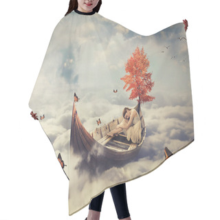 Personality  Young Lonely Beautiful Woman Drifting On A Boat Above Clouds. Dreamy Screensaver Hair Cutting Cape