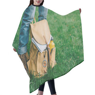 Personality  Cropped Shot Of Man Standing On Green Grass With Backpack Hair Cutting Cape