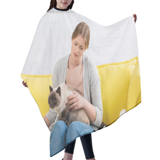 Personality  Woman With Allergy Holding Napkin And Siamese Cat On Couch  Hair Cutting Cape
