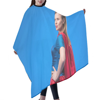 Personality  Side View Of Beautiful Woman In Superhero Costume Standing Akimbo Isolated On Blue Hair Cutting Cape