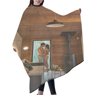 Personality  Side View Of Romantic And Sexy Couple Standing Near Food And Wine In Vacation House In Evening Hair Cutting Cape