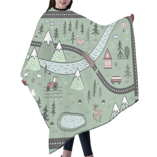 Personality  Cute Road Play Mat In Scandinavian Style. Vector River, Mountains And Woods Adventure Map With Houses, Wood, Field, And Animals. Hair Cutting Cape