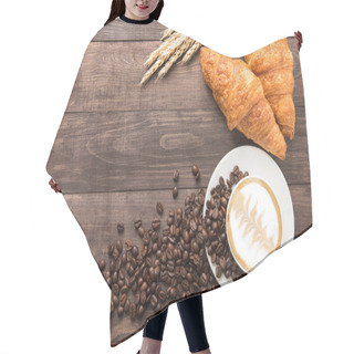 Personality  Coffee Cup And Fresh Baked Croissants On Wooden Background. Top  Hair Cutting Cape