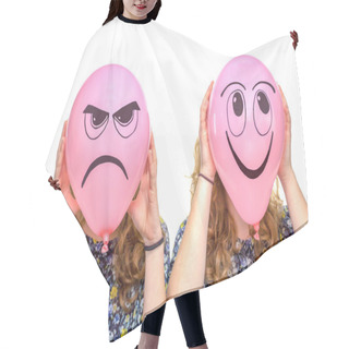 Personality  Two Girls Holding Pink Balloons With Facial Expressions Hair Cutting Cape