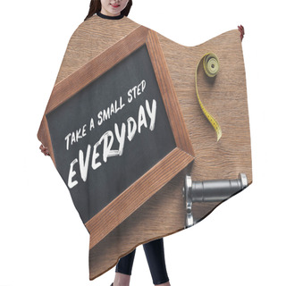 Personality  Measuring Tape, Dumbbells And Wooden Chalk Board With 'take A Small Step Everyday' Quote, Dieting And Healthy Lifesyle Concept Hair Cutting Cape