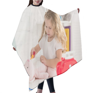 Personality  Adorable Kid Examining Rabbit Toy In Children Room Hair Cutting Cape