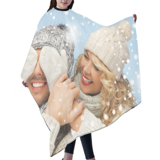 Personality  Family Couple In A Winter Clothes Hair Cutting Cape