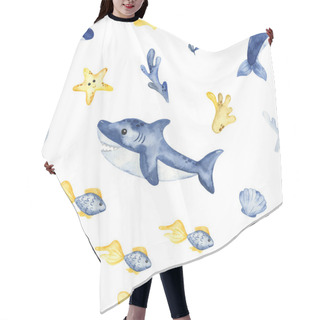Personality  Underwater Creatures, Shark, Dolphin, Fish, Algae, Corals. Watercolor Seamless Pattern Hair Cutting Cape