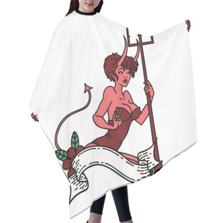 Personality  Tattoo In Traditional Style Of A Pinup Devil Girl With Banner Hair Cutting Cape