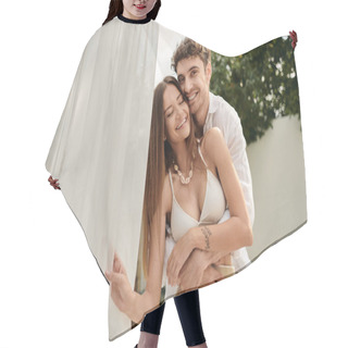 Personality  Positive Couple, Happy Man Hugging Tattooed Woman While Standing Together Near White Tulle Hair Cutting Cape
