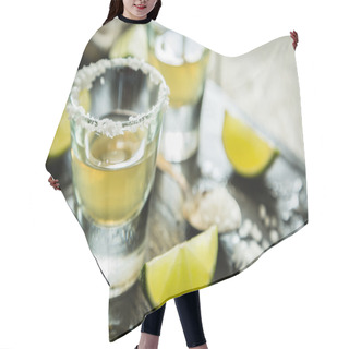 Personality  Gold Tequila Shots On Rustic Wood Background Hair Cutting Cape