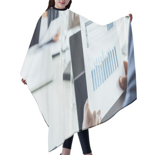 Personality  Panoramic Shot Of African American Businessman Holding Document With Graphs In Office  Hair Cutting Cape