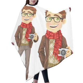 Personality  Hipster Guy Wearing A Scarf And With A Camera Hair Cutting Cape