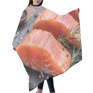 Personality  Fresh Salmon Fillets On Black Cutting Board With Herbs And Spice Hair Cutting Cape