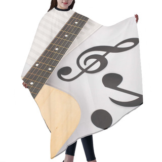 Personality  Top View Of Paper Cut Notes Near Music Book With Acoustic Guitar On White Background Hair Cutting Cape