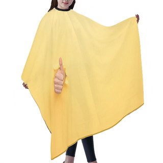 Personality  Cropped View Of Man Showing Thumb Up Through Yellow Paper Hole  Hair Cutting Cape