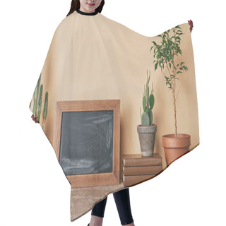 Personality  Different Plants, Wooden Photo Frame And Books On Beige Background Hair Cutting Cape