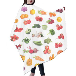 Personality  Collage With Many Fresh Vegetables On White Background Hair Cutting Cape