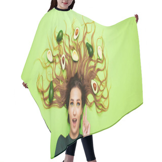 Personality  Girl Lying With Enthusiastic Expression Face With Avocado Fruits On Long Hair, Young Woman Showing Finger Up And Have Idea Hair Cutting Cape