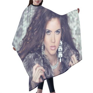 Personality  Jewelry And Fashion Lady. Beautiful Woman Wearing In Luxury Fur Hair Cutting Cape
