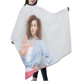 Personality  Displeased Woman Showing Refuse Gesture While Standing With Hand On Hip On Grey Background Hair Cutting Cape