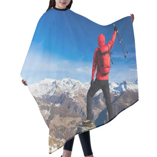 Personality  Hiker Celebrates The Conquest Of The Summit. Concepts: Victory,  Hair Cutting Cape