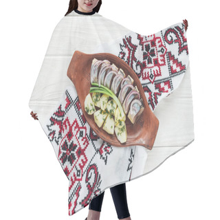 Personality  Traditional Marinated Herring With Potatoes And Onions In Earthenware Plate With Embroidered Towel On White Wooden Background Hair Cutting Cape