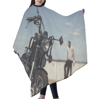 Personality  Selective Focus Of Classical Chopper Motorbike And Man On Background Hair Cutting Cape