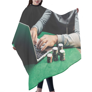 Personality  Cropped View Of Man Typing On Laptop Near Poker Chips  Hair Cutting Cape