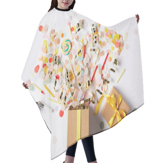 Personality  Top View Of Gift Box And Scattered Confetti Pieces On White Surface Hair Cutting Cape