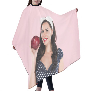 Personality  Stylish Brunette Woman In Polka-dot Dress Holding Ripe Red Apple Isolated On Pink Hair Cutting Cape