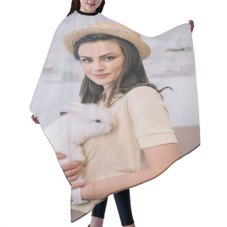 Personality  Young Stylish Woman In Hat Holding Cute White Rabbit Hair Cutting Cape