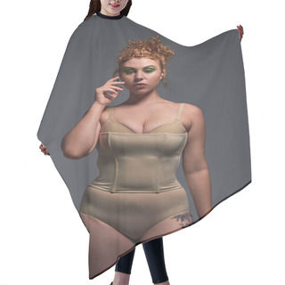 Personality  Body Positivity, Young Redhead Woman With Curvy Body In Beige Lingerie On Dark Grey Backdrop Hair Cutting Cape