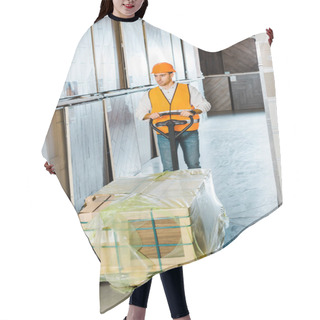 Personality  Handsome, Serious Worker Carrying Pallet Jack With Construction Materials Hair Cutting Cape
