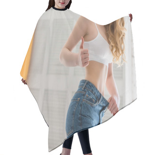 Personality  Cropped View Of Girl Wearing Jeans And Showing Thumb Up Hair Cutting Cape