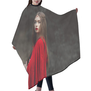 Personality  Beautiful Girl In Red Cloak And Elegant Wreath In Woods Hair Cutting Cape